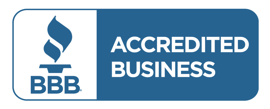 Blue and white BBB Accredited Business badge with torch icon.